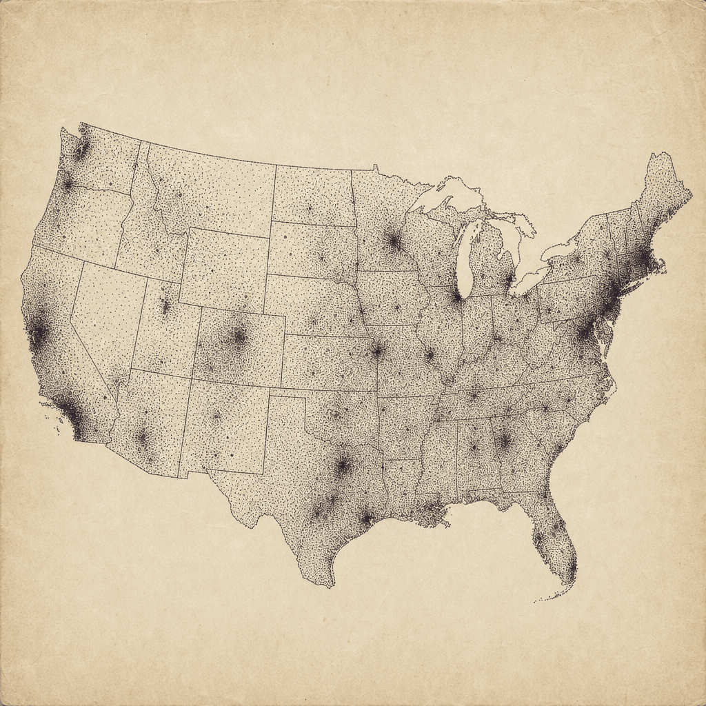 Stippled map of the continental United States, one dot per inspected establishment